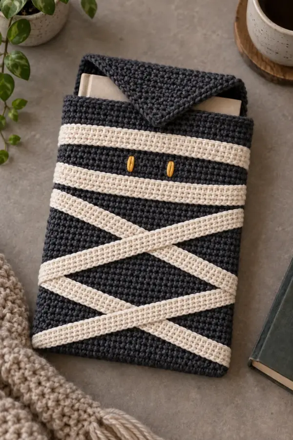 Charcoal rectangular crochet book sleeve, about 7 by 10 inches, front covered by six narrow ivory crochet bandage strips, four crossing at gentle angles and two horizontal near top with a charcoal eye window between them and two tiny embroidered gold vertical eyes. A charcoal triangular flap at top is partly tucked inside behind front. Small plain book peeking from opening. Dense fine DK cotton stitches, warm grey tabletop