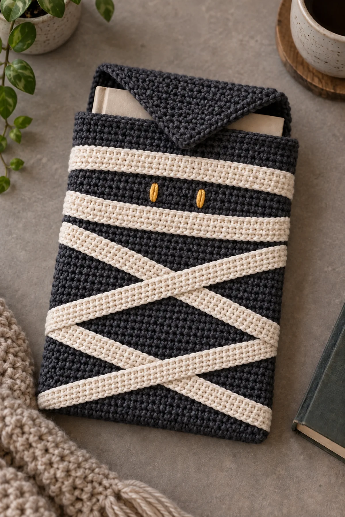 Charcoal rectangular crochet book sleeve, about 7 by 10 inches, front covered by six narrow ivory crochet bandage strips, four crossing at gentle angles and two horizontal near top with a charcoal eye window between them and two tiny embroidered gold vertical eyes. A charcoal triangular flap at top is partly tucked inside behind front. Small plain book peeking from opening. Dense fine DK cotton stitches, warm grey tabletop
