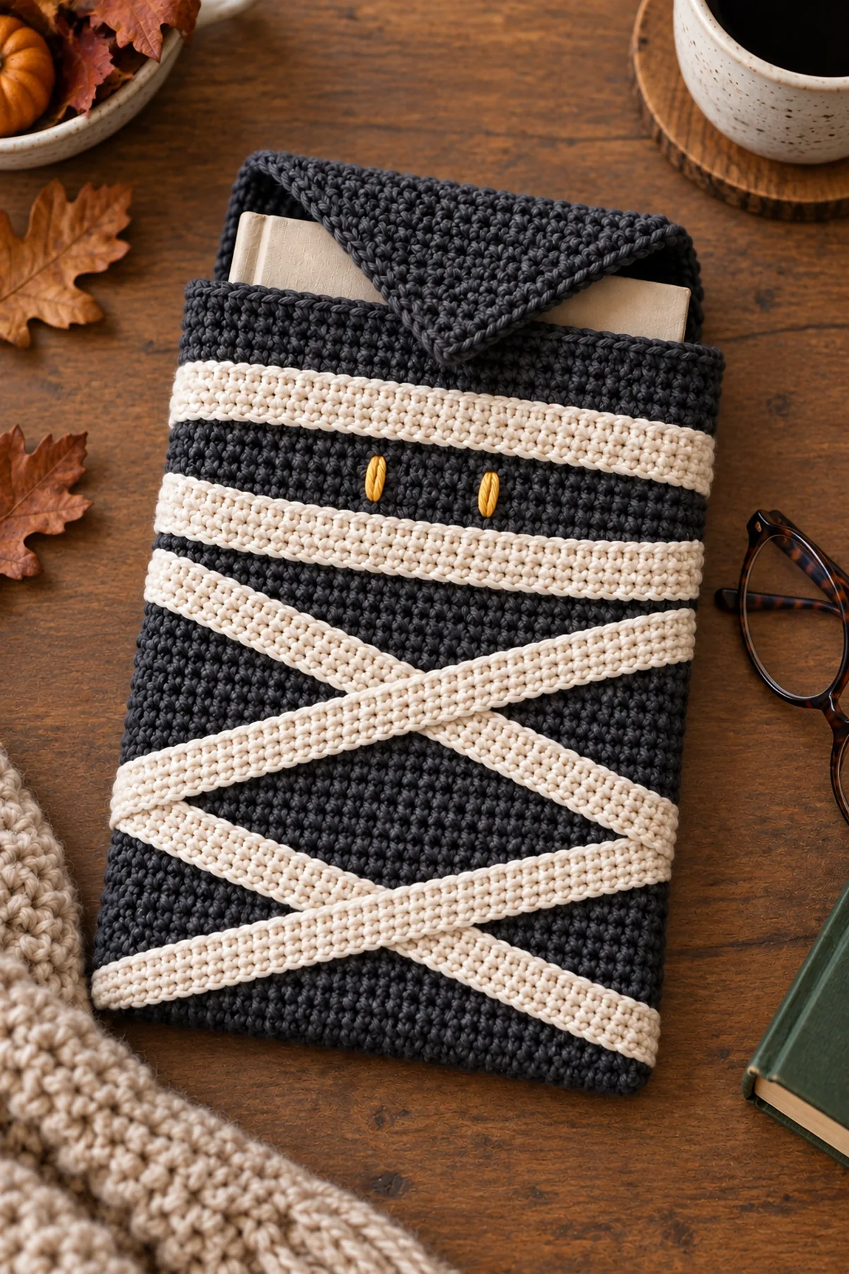 Same ivory bandaged charcoal mummy book sleeve with two tiny gold embroidered eyes, a plain small book sliding into top and charcoal triangular tuck flap lifted, beside reading glasses on autumn desk, no people