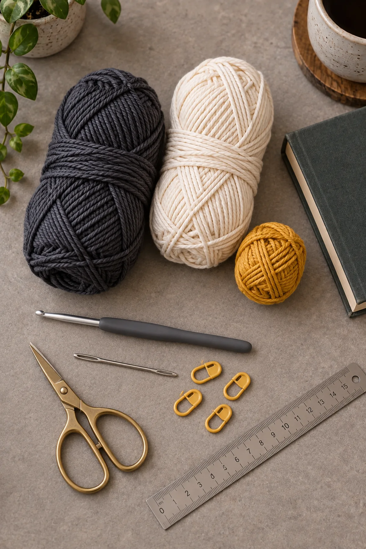 Charcoal, ivory and small gold DK cotton yarn, 3.5 mm hook, yarn needle, ruler, scissors, markers and plain closed book on warm grey tabletop; materials only, no completed sleeve