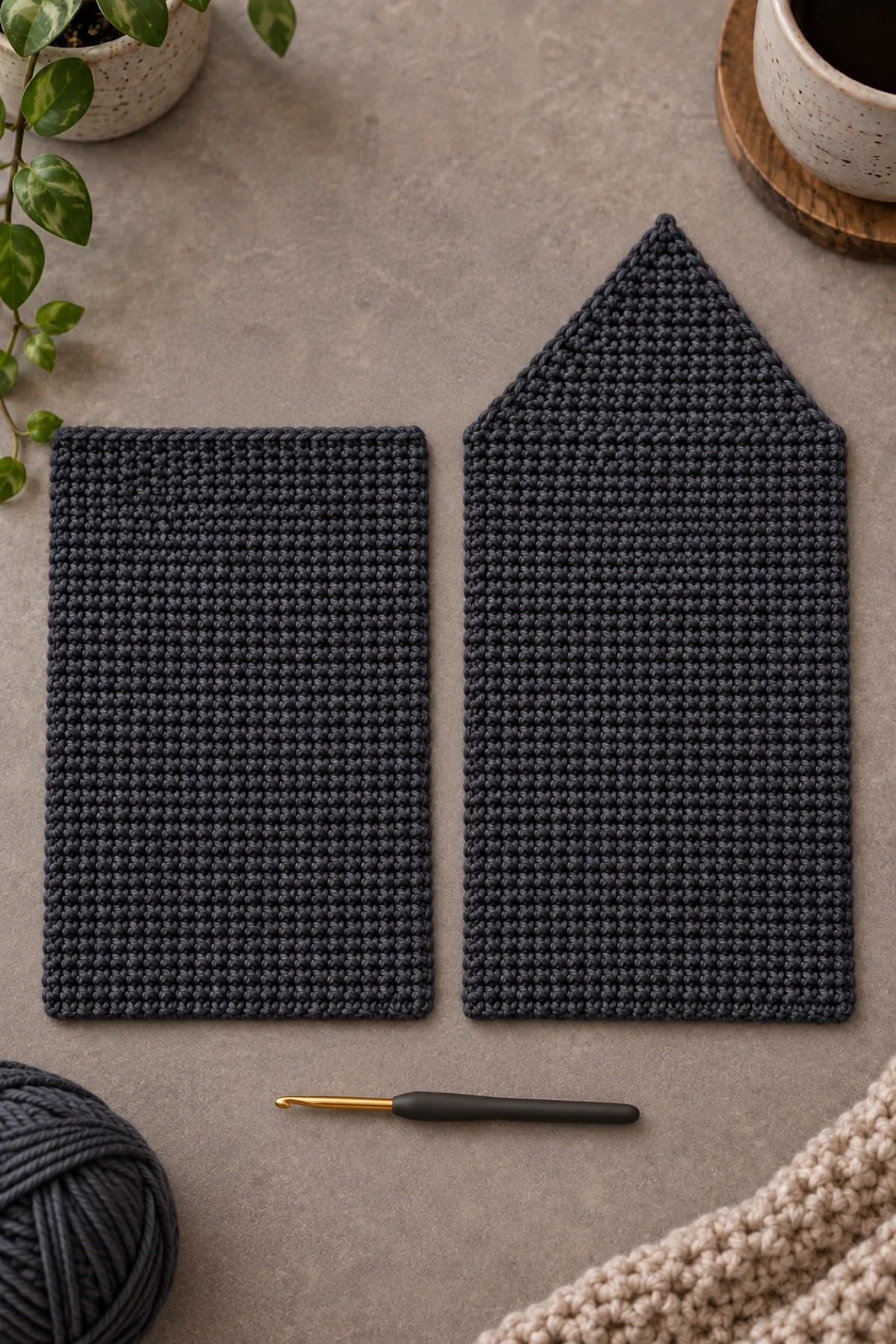 Two separate charcoal single crochet rectangular book sleeve panels flat on warm grey table; one plain rectangle and one same rectangle extended into a triangular flap; no strips, no eyes, no seam, hook and charcoal yarn nearby