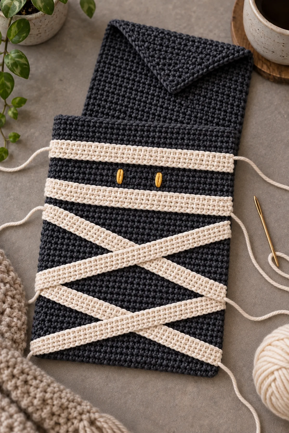 One flat charcoal crochet front rectangle with six narrow ivory crochet bandage strips placed and partly sewn on surface, four lower gentle diagonal overlapping bands and top two horizontal bands framing a clear dark window with two tiny gold embroidered eyes. Back panel with triangular flap separate behind. No assembled pouch yet