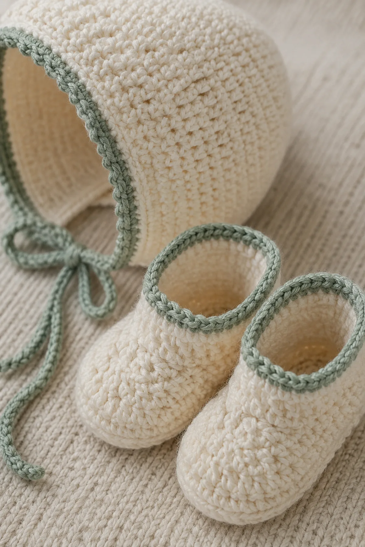 Close-up of the stitch texture and securely finished details on crochet newborn bonnet and booties set