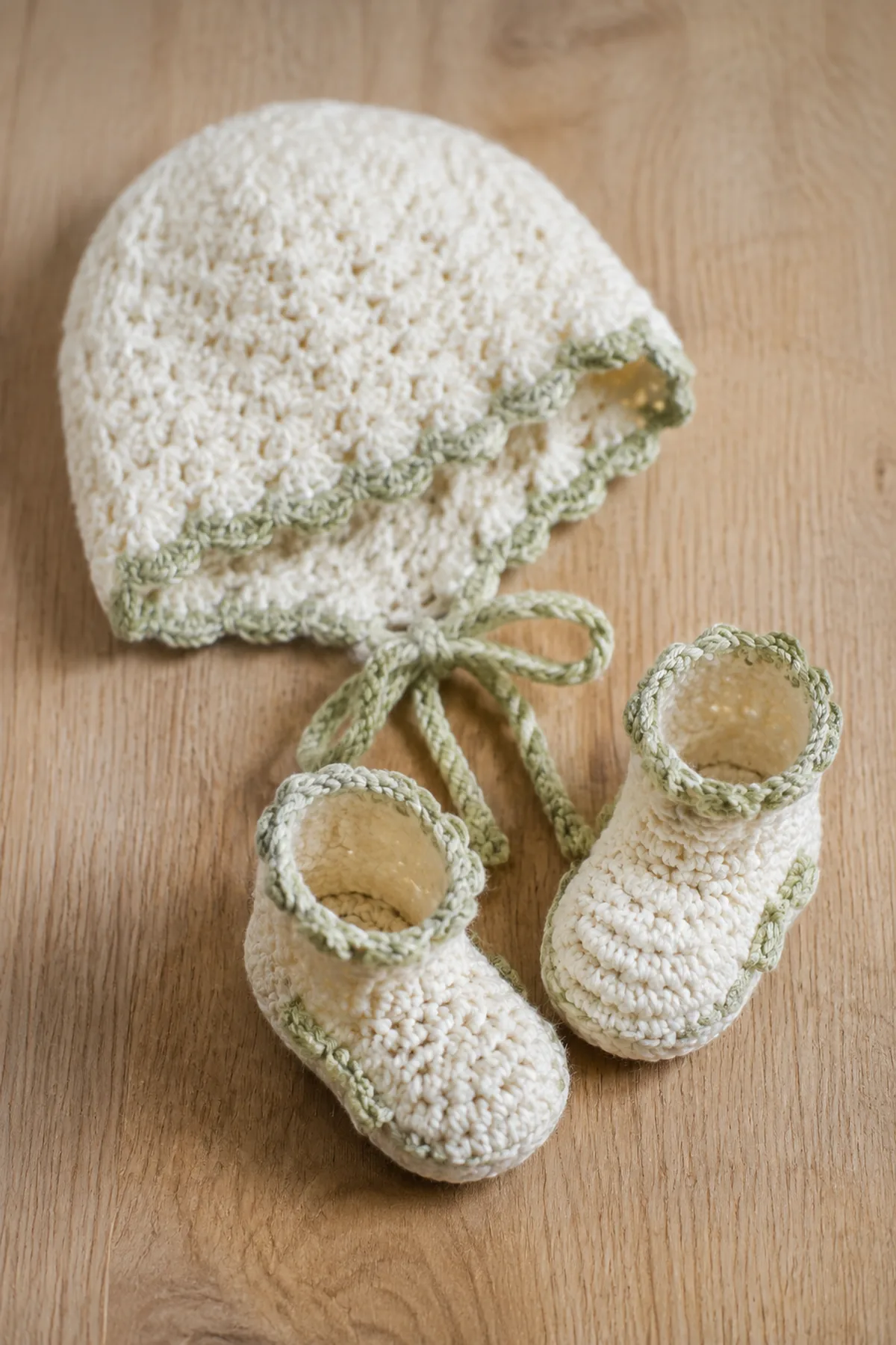 Finished crochet newborn bonnet and booties set in soft cream and sage yarn on a neutral nursery surface