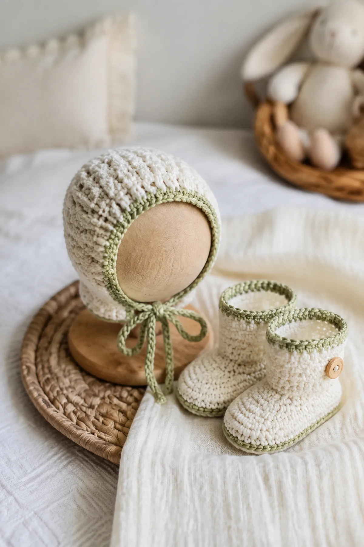 Finished crochet newborn bonnet and booties set styled in a calm bright nursery setting without a baby present