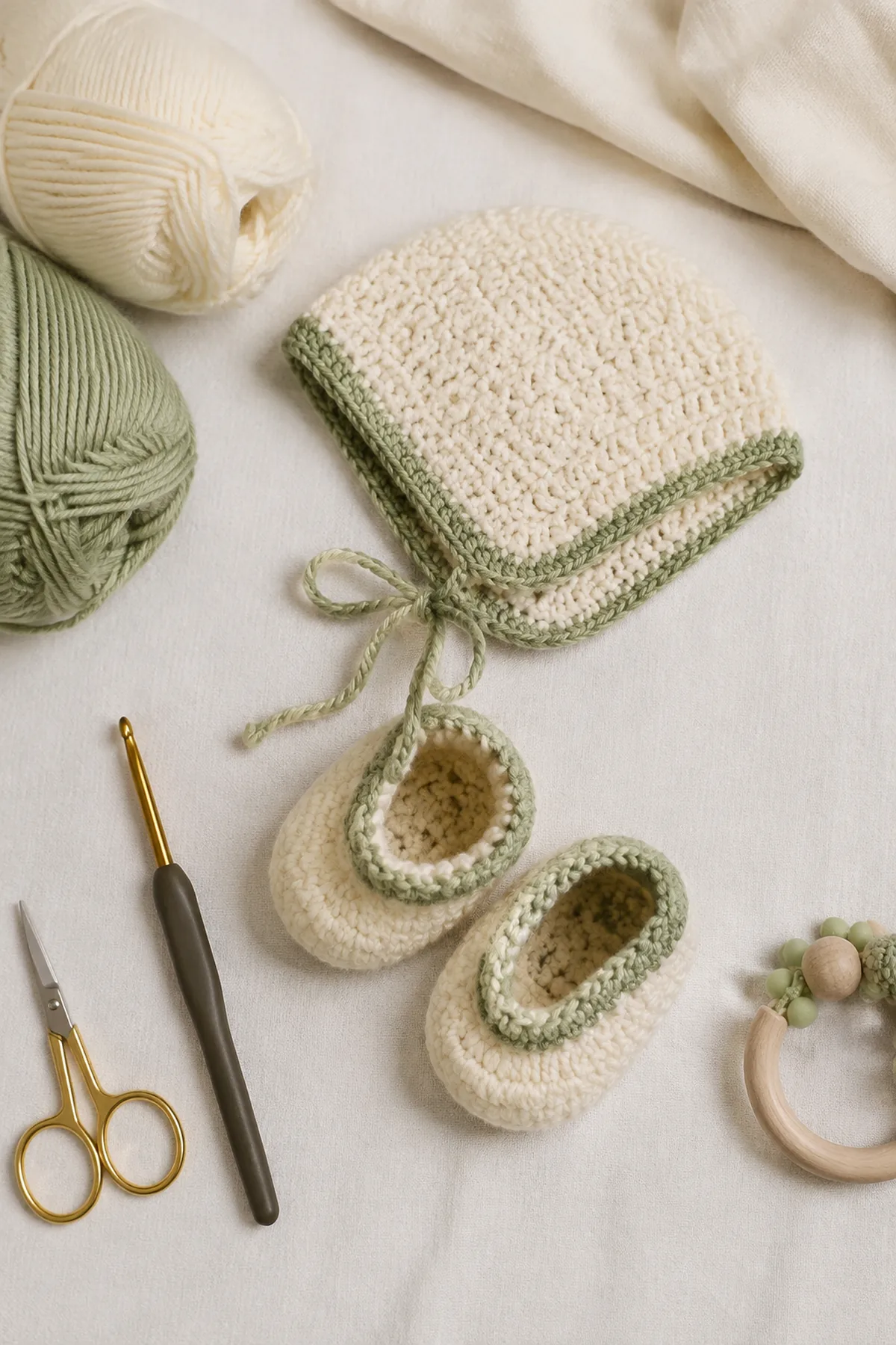 Baby-friendly yarn, crochet hook, stitch markers, tape measure, yarn needle, and scissors for crochet newborn bonnet and booties set