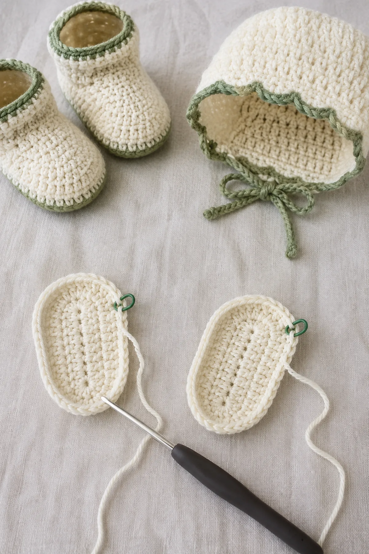Early counted crochet stage of crochet newborn bonnet and booties set with matching yarn and hook