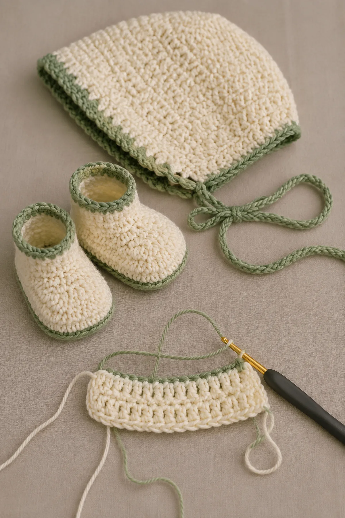 Mid-process construction of crochet newborn bonnet and booties set showing the established shape