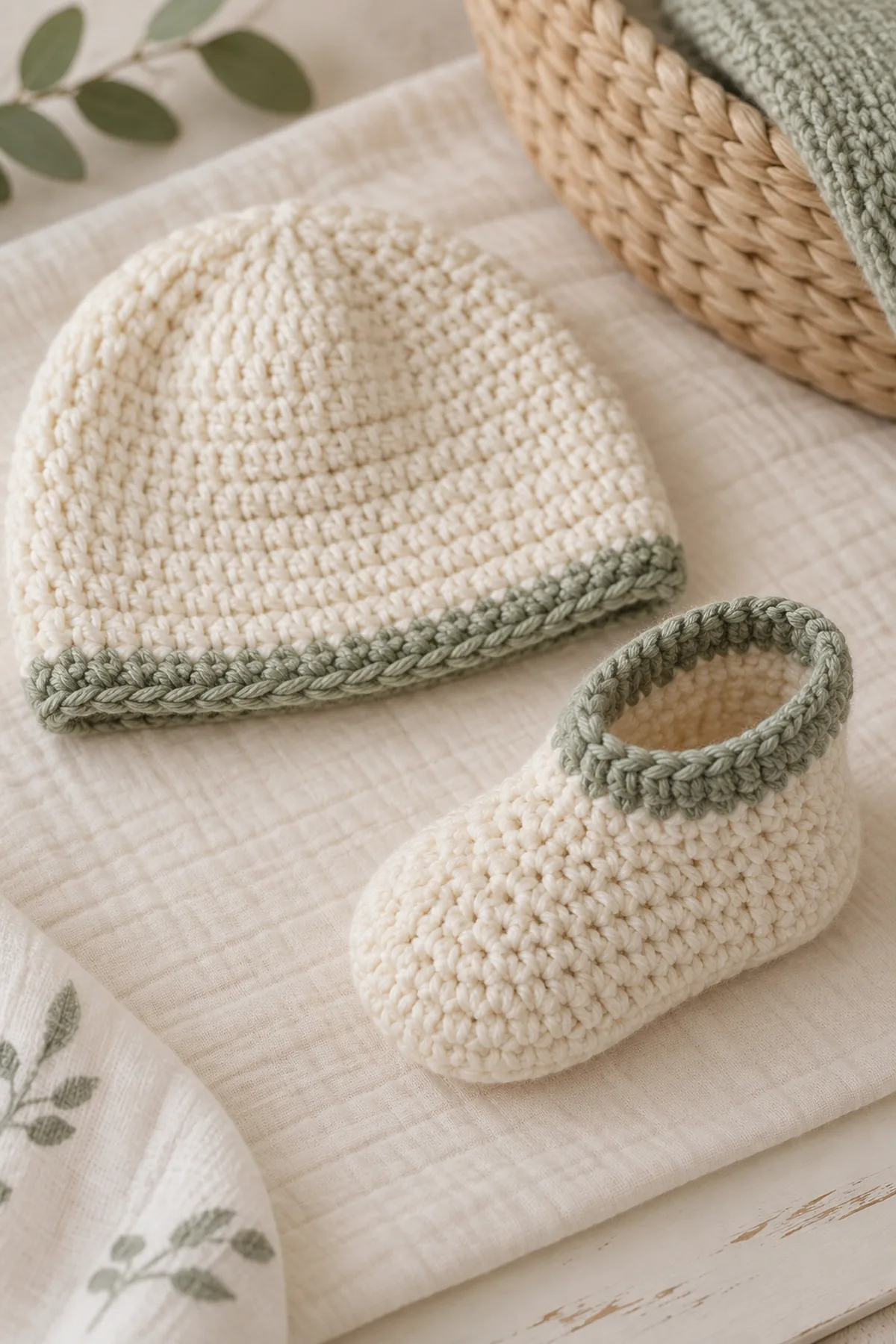 Close-up of the stitch texture and securely finished details on crochet newborn gift set with shoes and hat