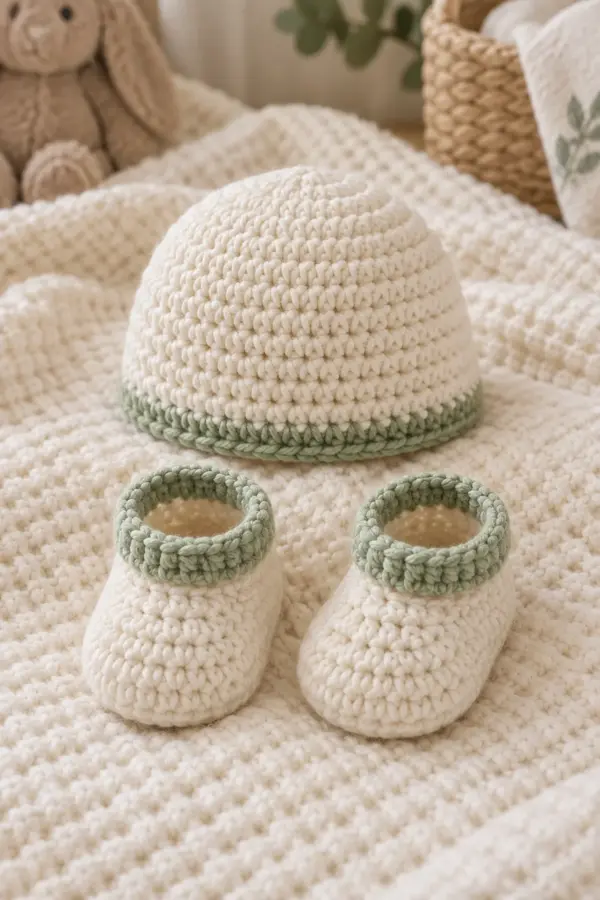 Finished crochet newborn gift set with shoes and hat in soft cream and sage yarn on a neutral nursery surface