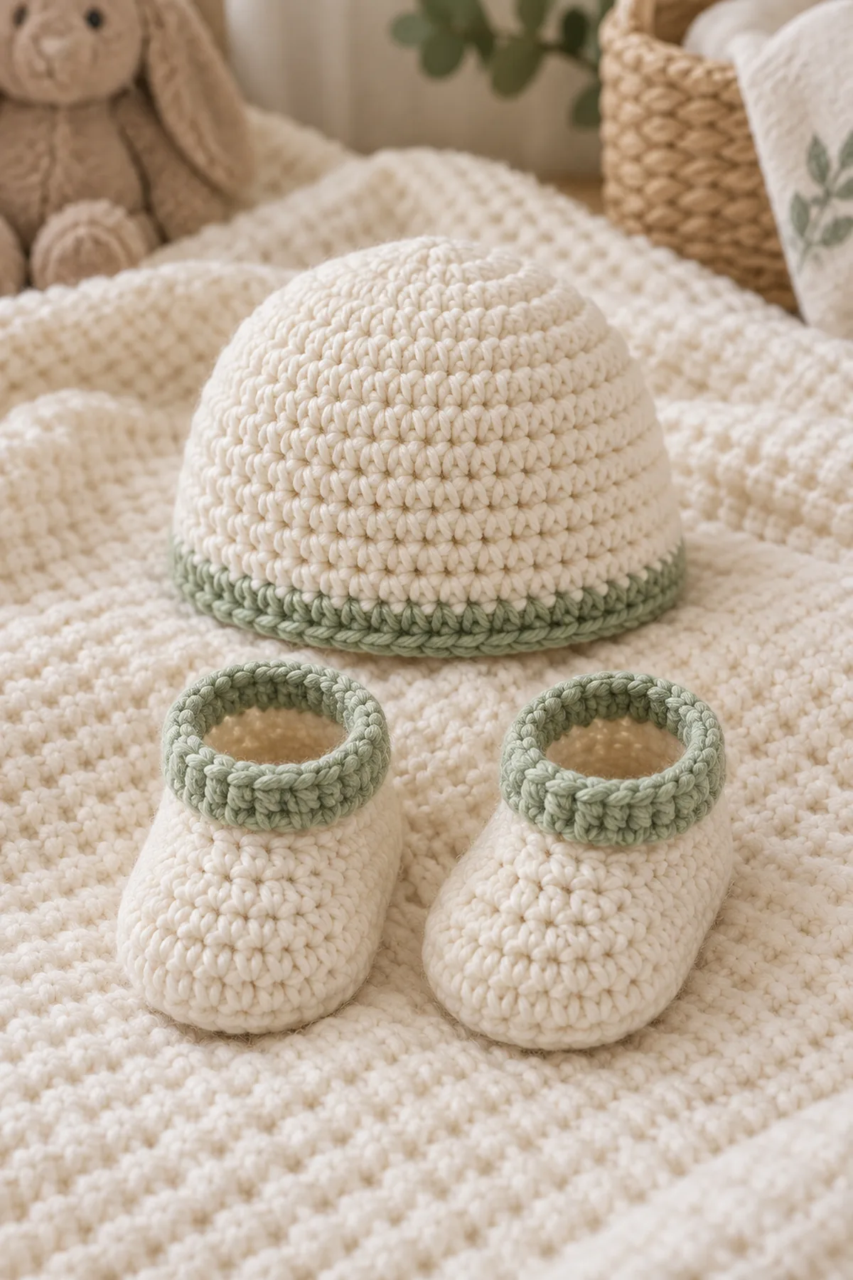 Finished crochet newborn gift set with shoes and hat in soft cream and sage yarn on a neutral nursery surface