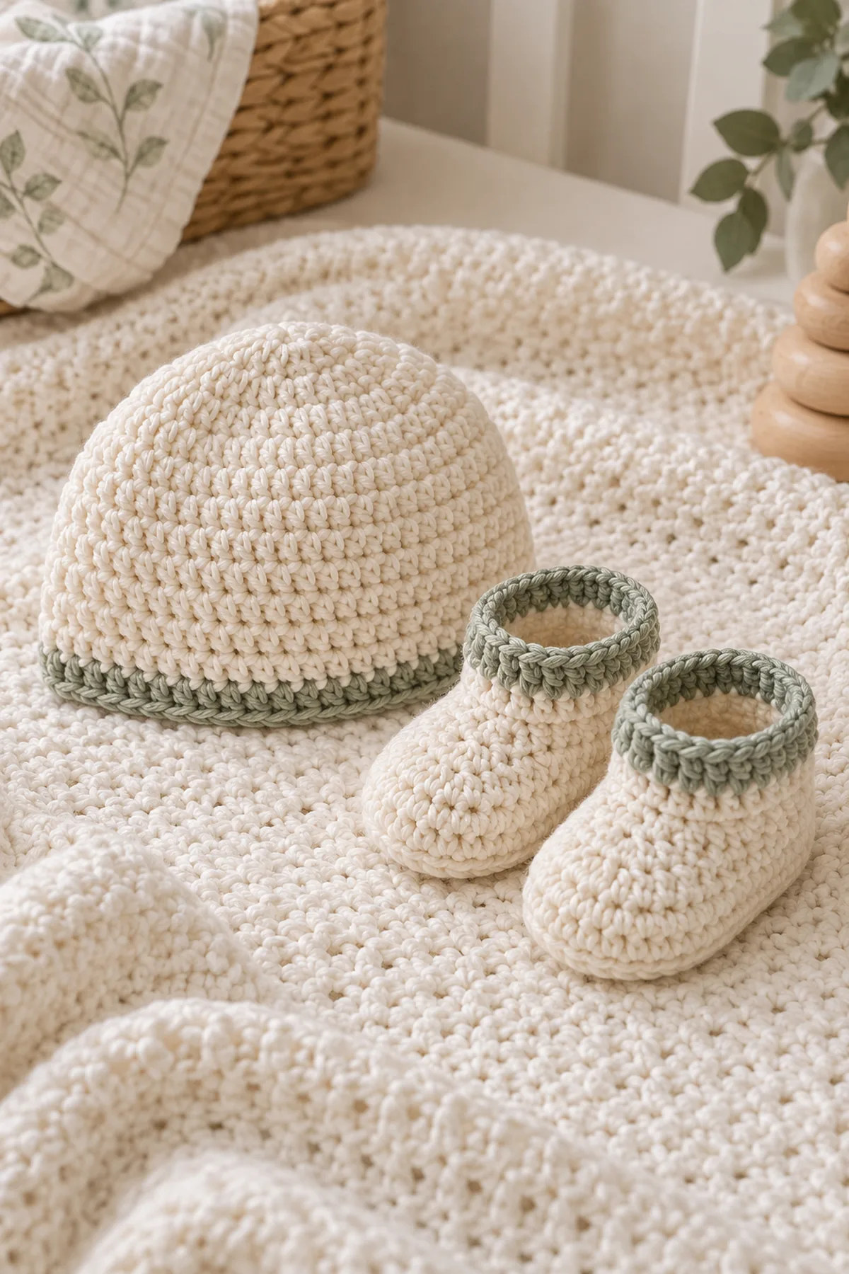 Finished crochet newborn gift set with shoes and hat styled in a calm bright nursery setting without a baby present