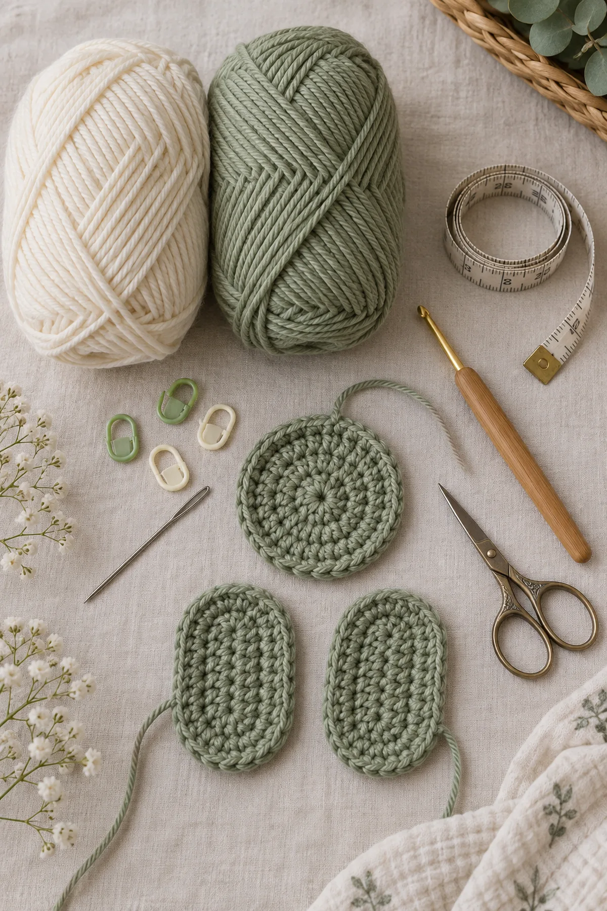 Baby-friendly yarn, crochet hook, stitch markers, tape measure, yarn needle, and scissors for crochet newborn gift set with shoes and hat