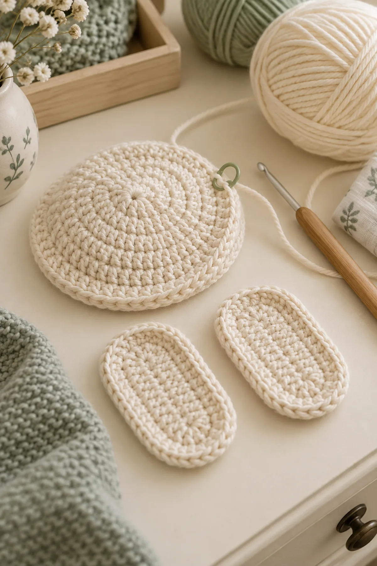Early counted crochet stage of crochet newborn gift set with shoes and hat with matching yarn and hook