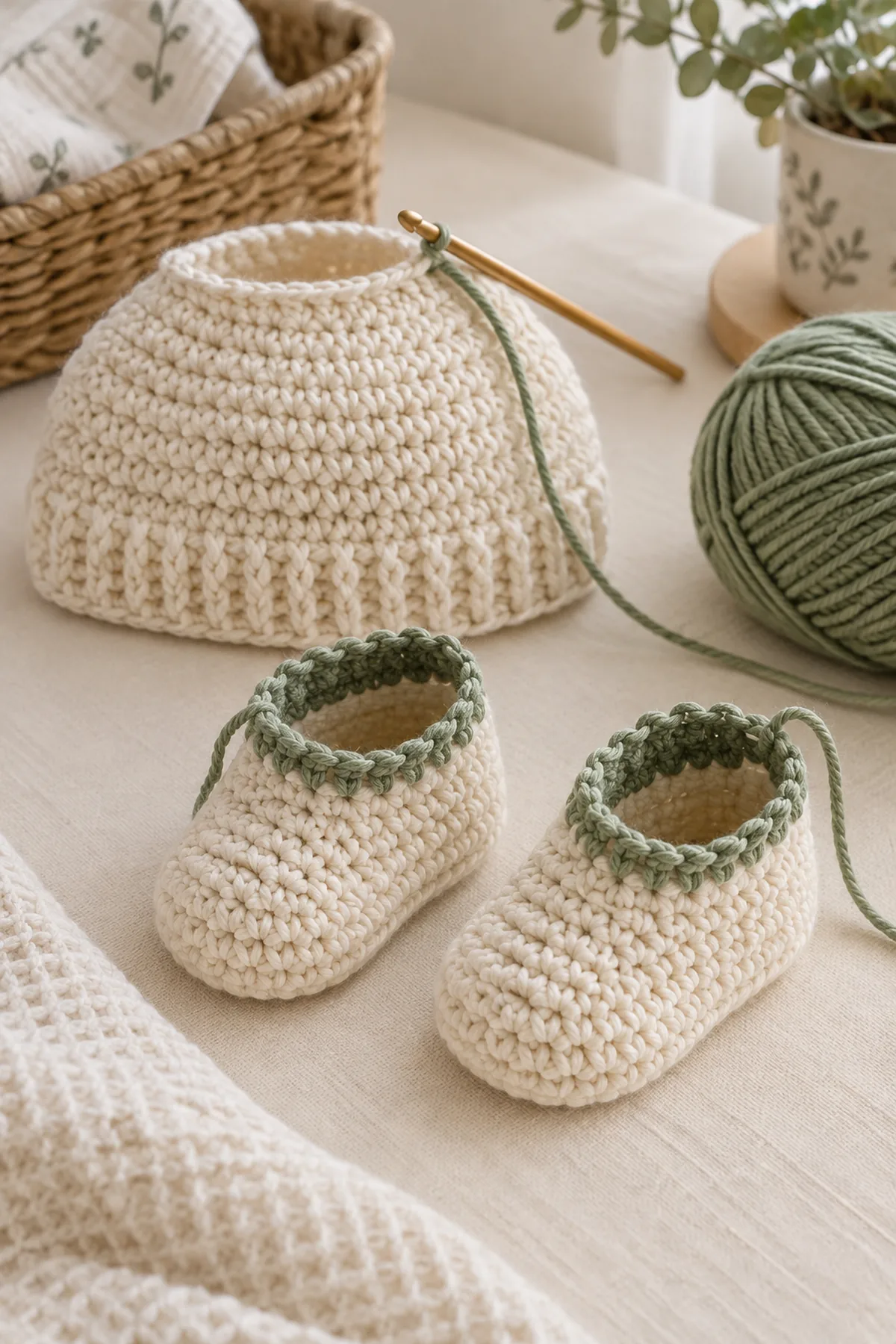 Mid-process construction of crochet newborn gift set with shoes and hat showing the established shape