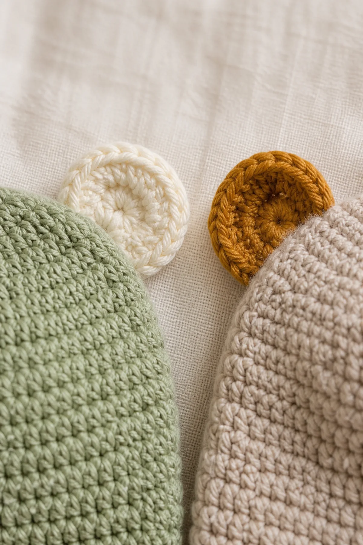 Close-up of the stitch texture and securely finished details on crochet newborn hat and mittens set