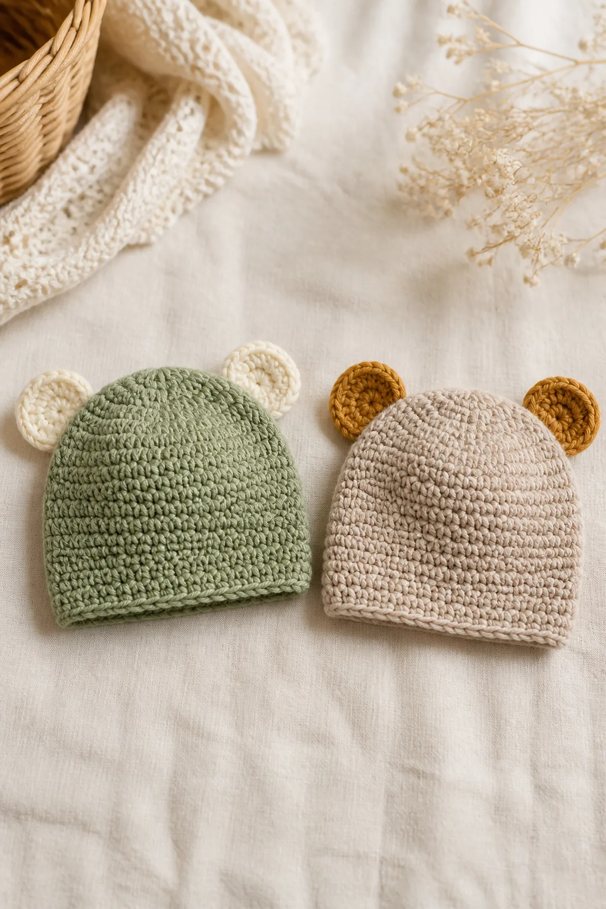Finished crochet newborn hat and mittens set in soft cream and sage yarn on a neutral nursery surface