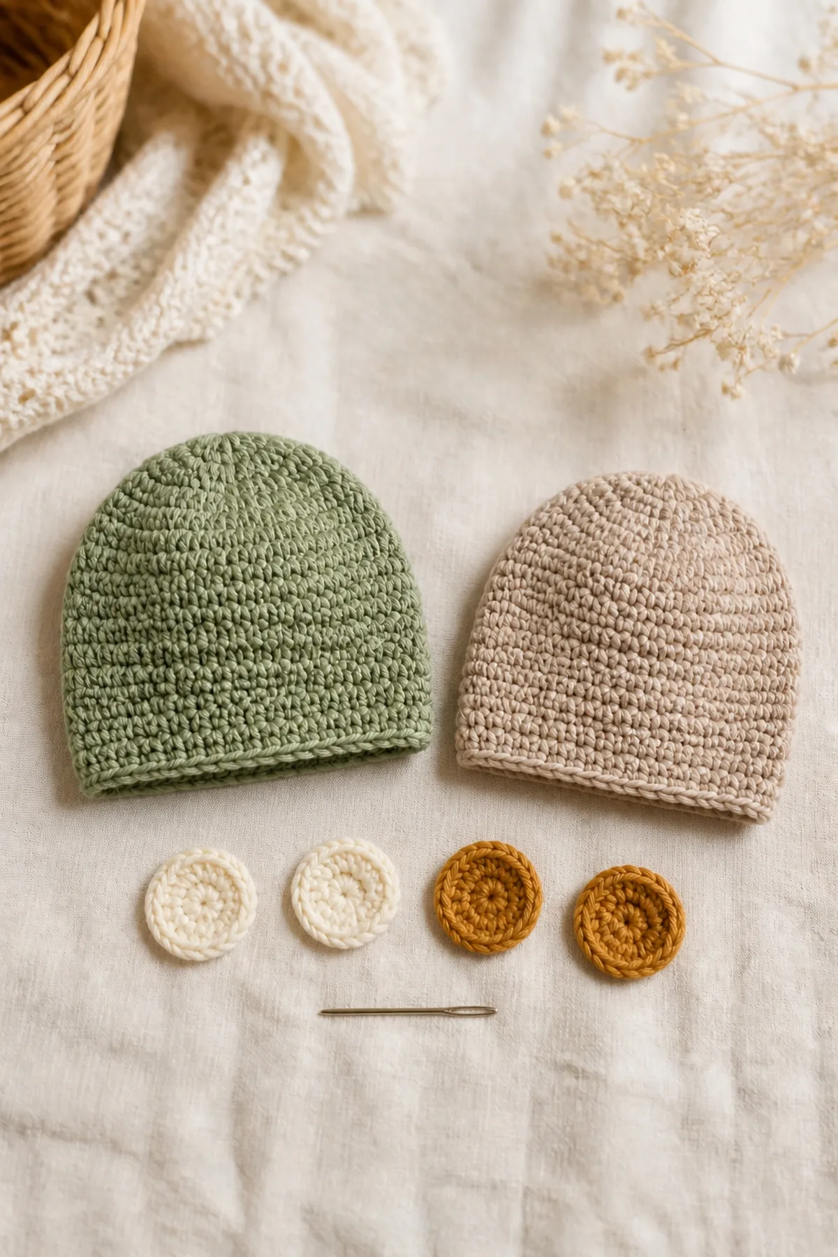 Mid-process construction of crochet newborn hat and mittens set showing the established shape