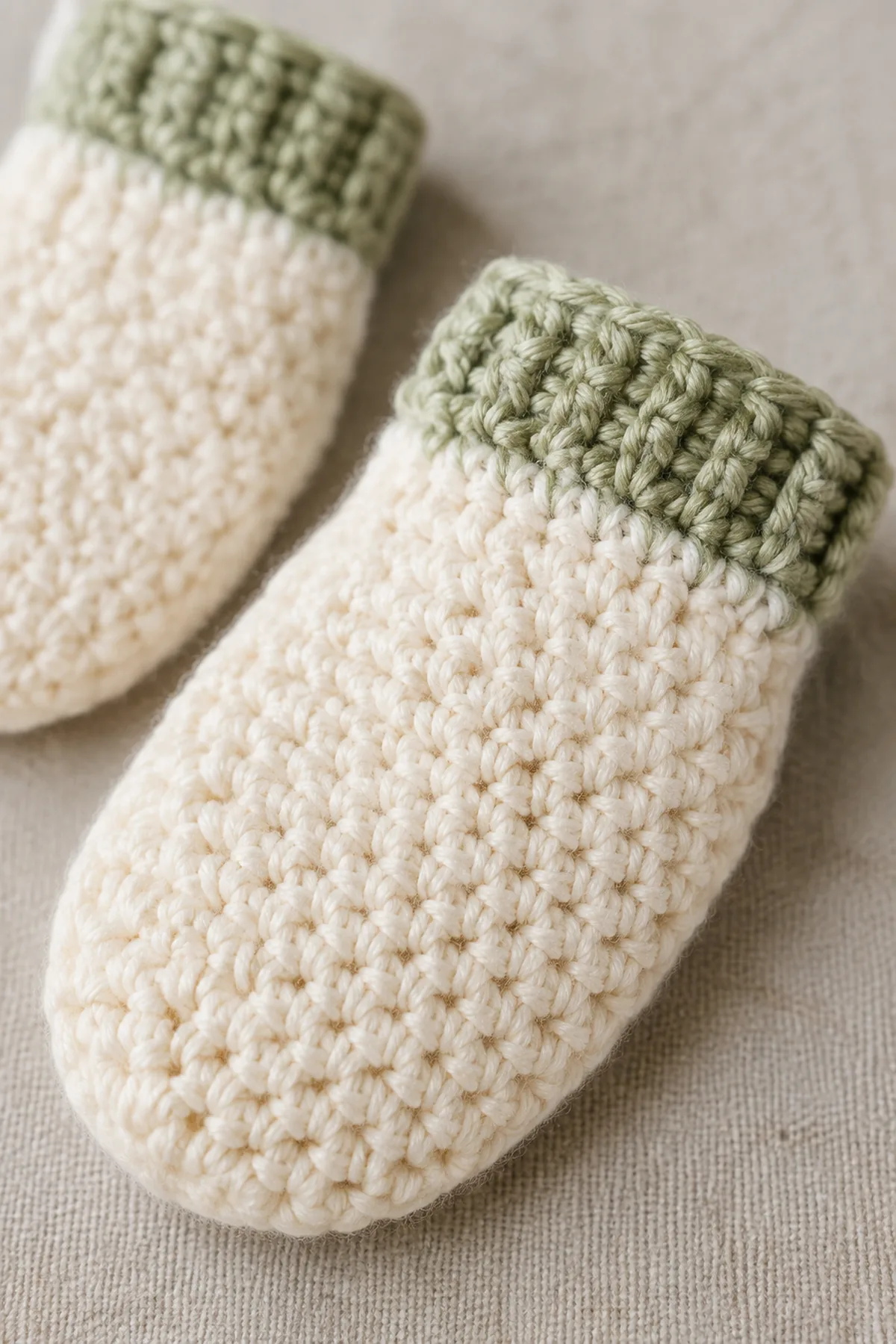 Close-up of the stitch texture and securely finished details on crochet newborn mittens pattern