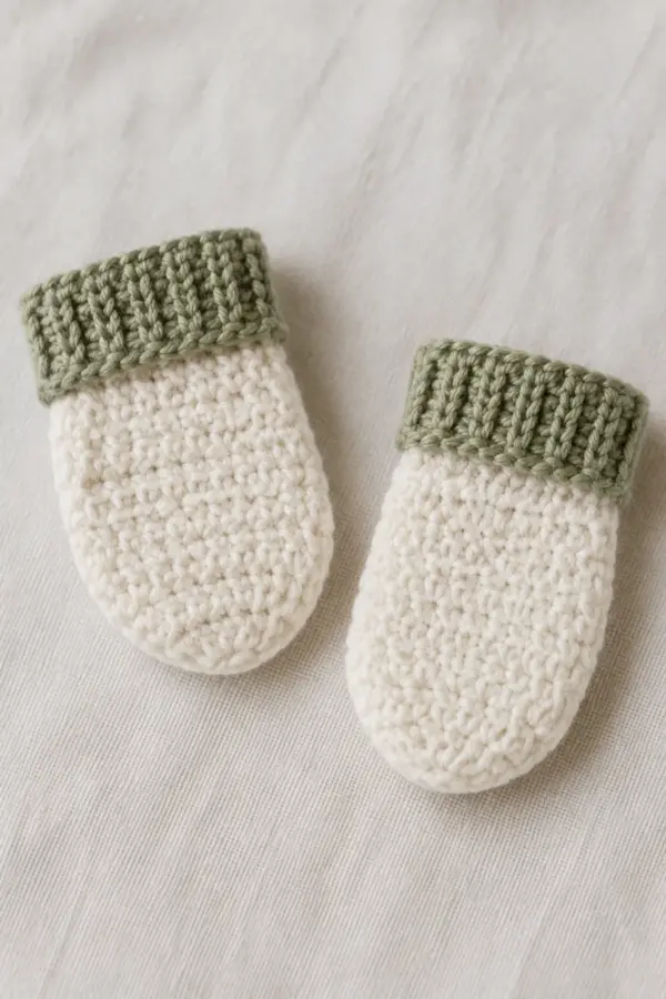 Finished crochet newborn mittens pattern in soft cream and sage yarn on a neutral nursery surface