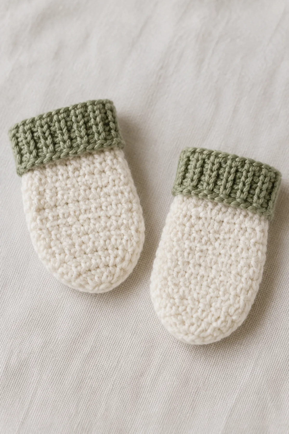 Finished crochet newborn mittens pattern in soft cream and sage yarn on a neutral nursery surface