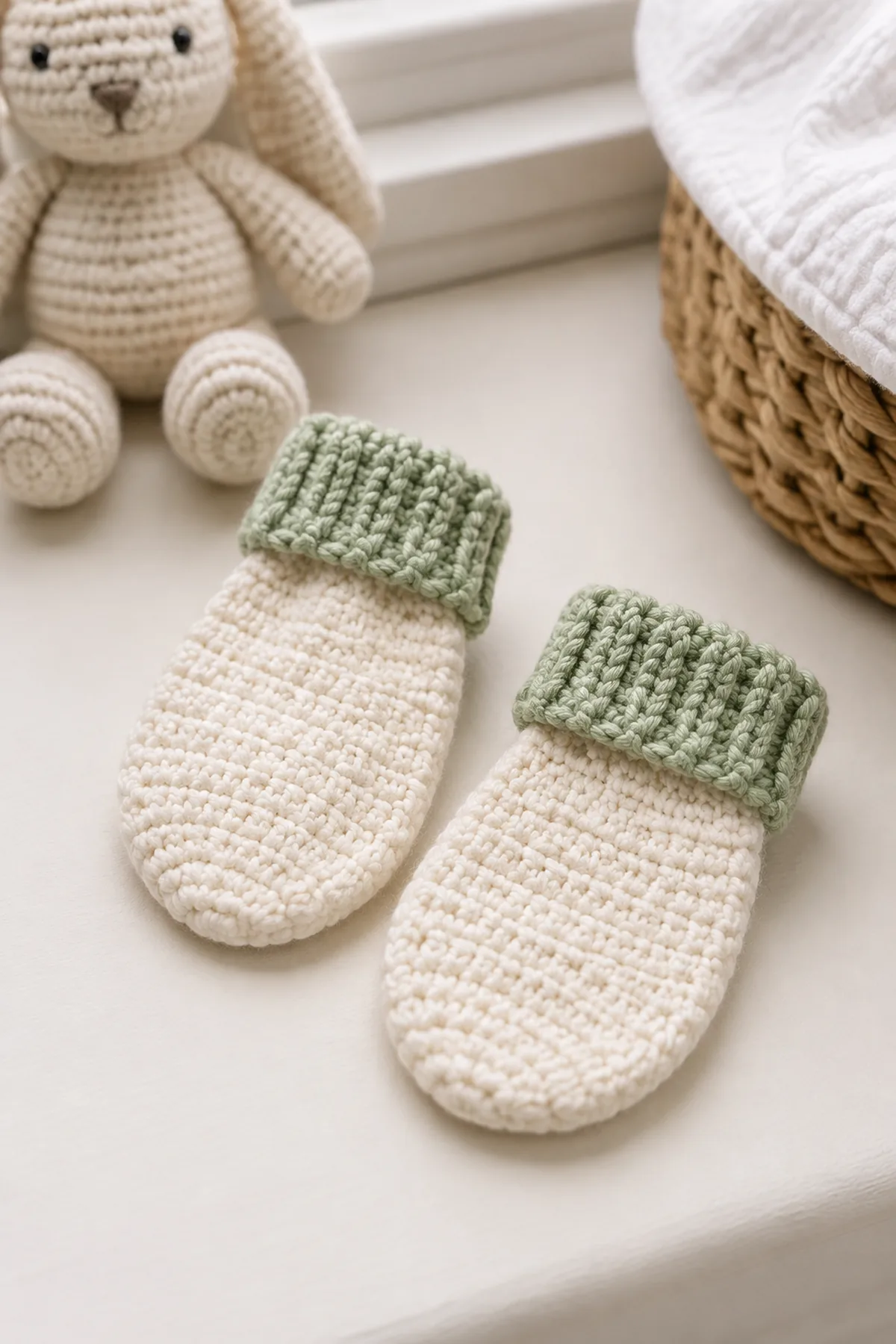 Finished crochet newborn mittens pattern styled in a calm bright nursery setting without a baby present