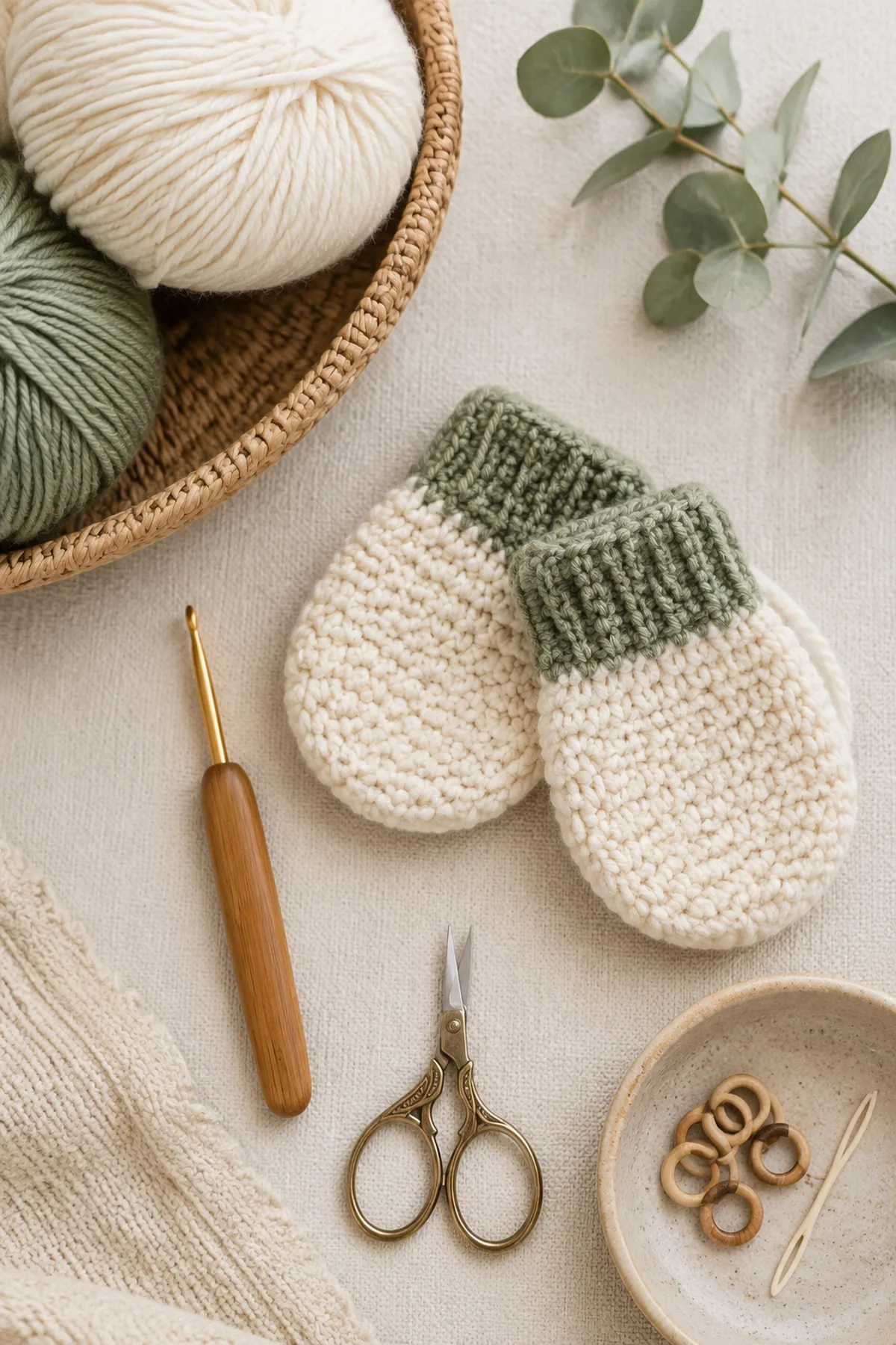 Baby-friendly yarn, crochet hook, stitch markers, tape measure, yarn needle, and scissors for crochet newborn mittens pattern