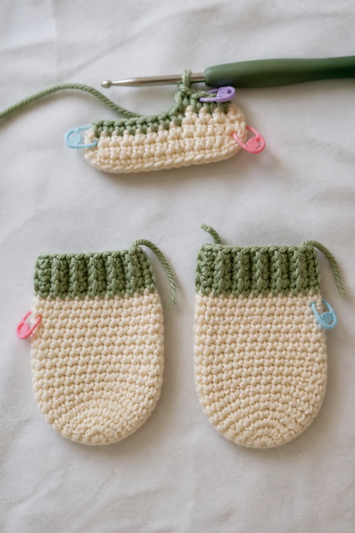 Early counted crochet stage of crochet newborn mittens pattern with matching yarn and hook