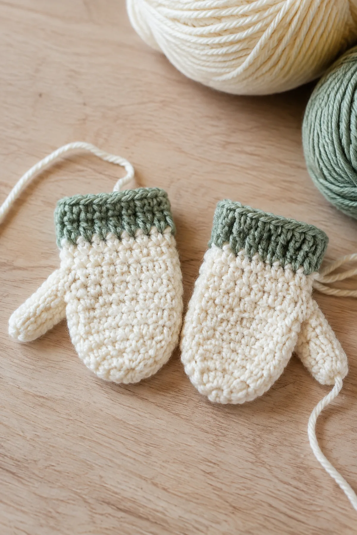 Mid-process construction of crochet newborn mittens pattern showing the established shape