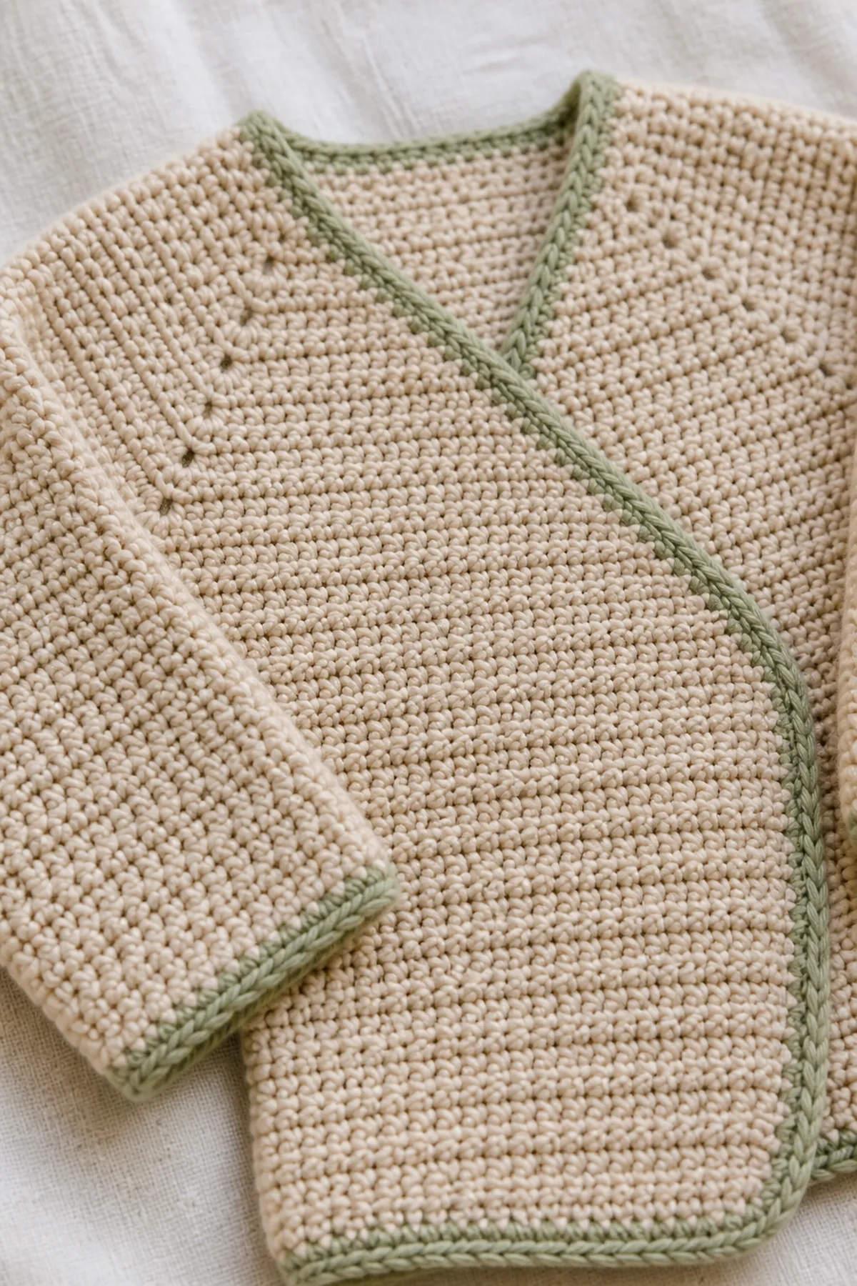 Close-up of the flat overlapping front edge and counted raglan stitches on crochet newborn wrap cardigan pattern