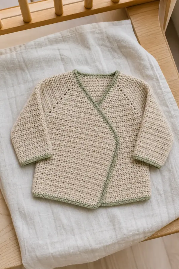 Finished oatmeal newborn wrap cardigan with sage edging and overlapping fronts