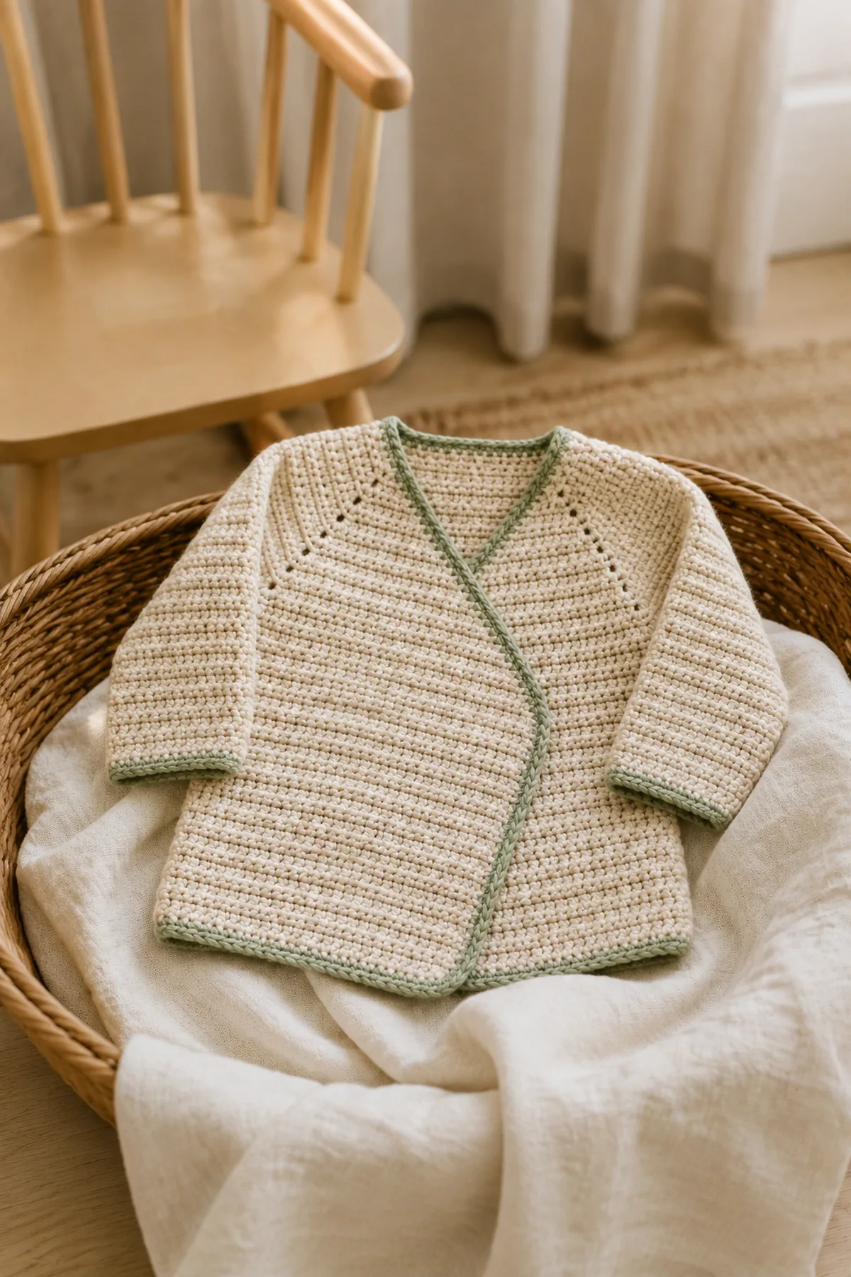Finished crochet newborn wrap cardigan pattern styled in a calm bright nursery setting without a baby present