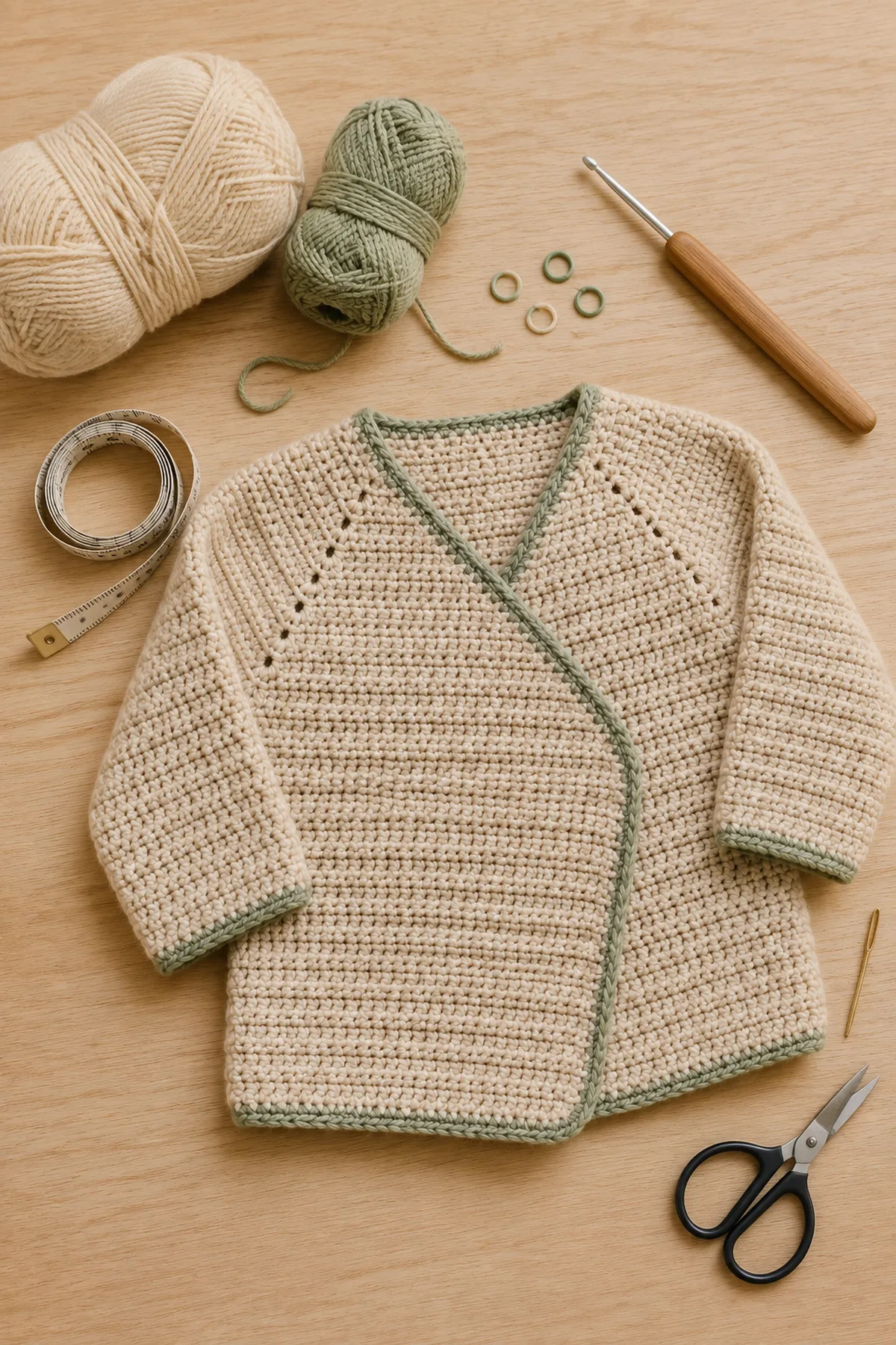 Baby-friendly yarn, crochet hook, stitch markers, tape measure, yarn needle, and scissors for crochet newborn wrap cardigan pattern