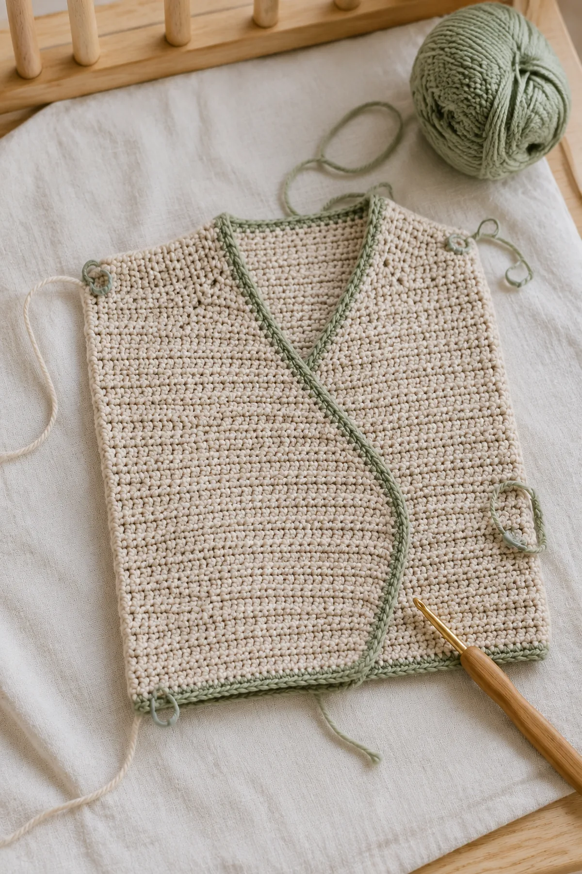 Early counted crochet stage of crochet newborn wrap cardigan pattern with matching yarn and hook