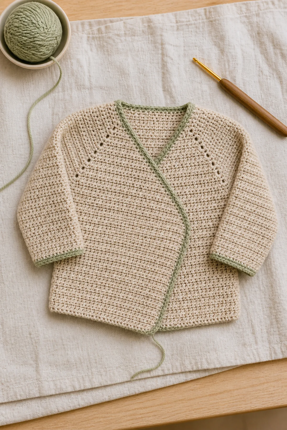 Top-down oatmeal wrap cardigan for crochet newborn wrap cardigan pattern with sleeves held on waste yarn