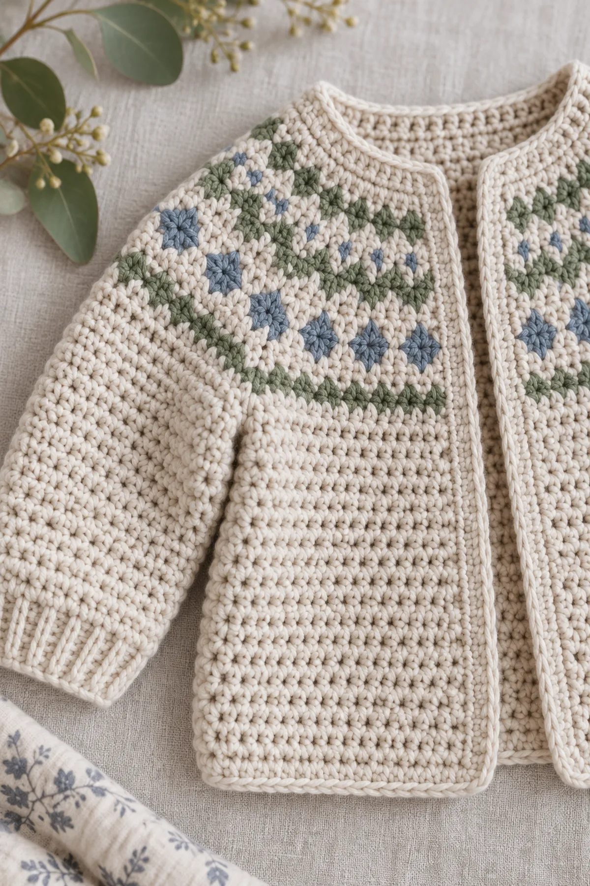 Close-up of the stitch texture and securely finished details on crochet nordic yoke baby cardigan