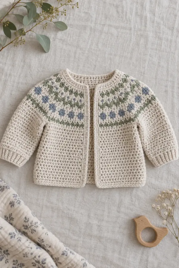 Finished crochet nordic yoke baby cardigan in soft cream and sage yarn on a neutral nursery surface