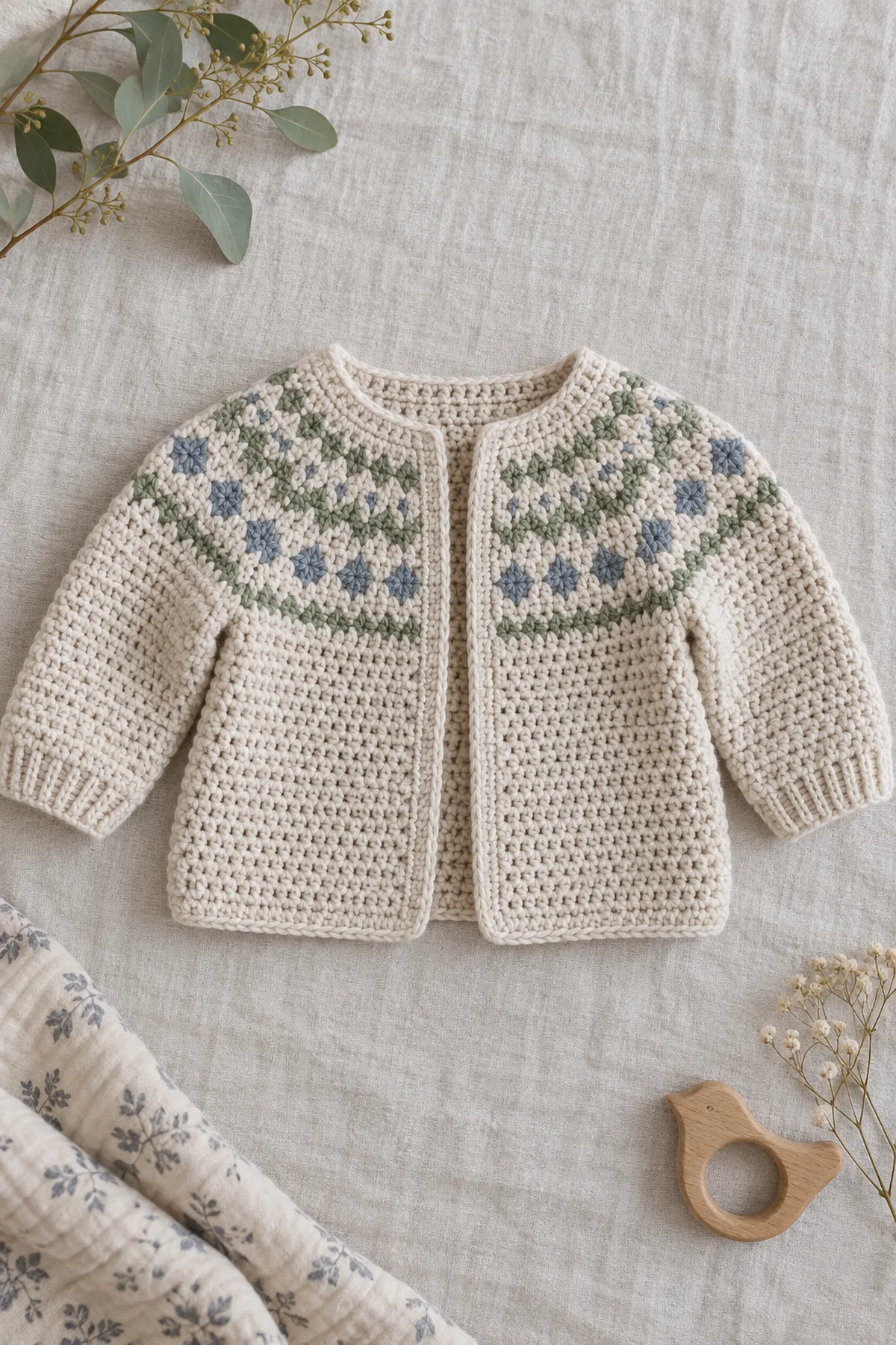 Finished crochet nordic yoke baby cardigan in soft cream and sage yarn on a neutral nursery surface