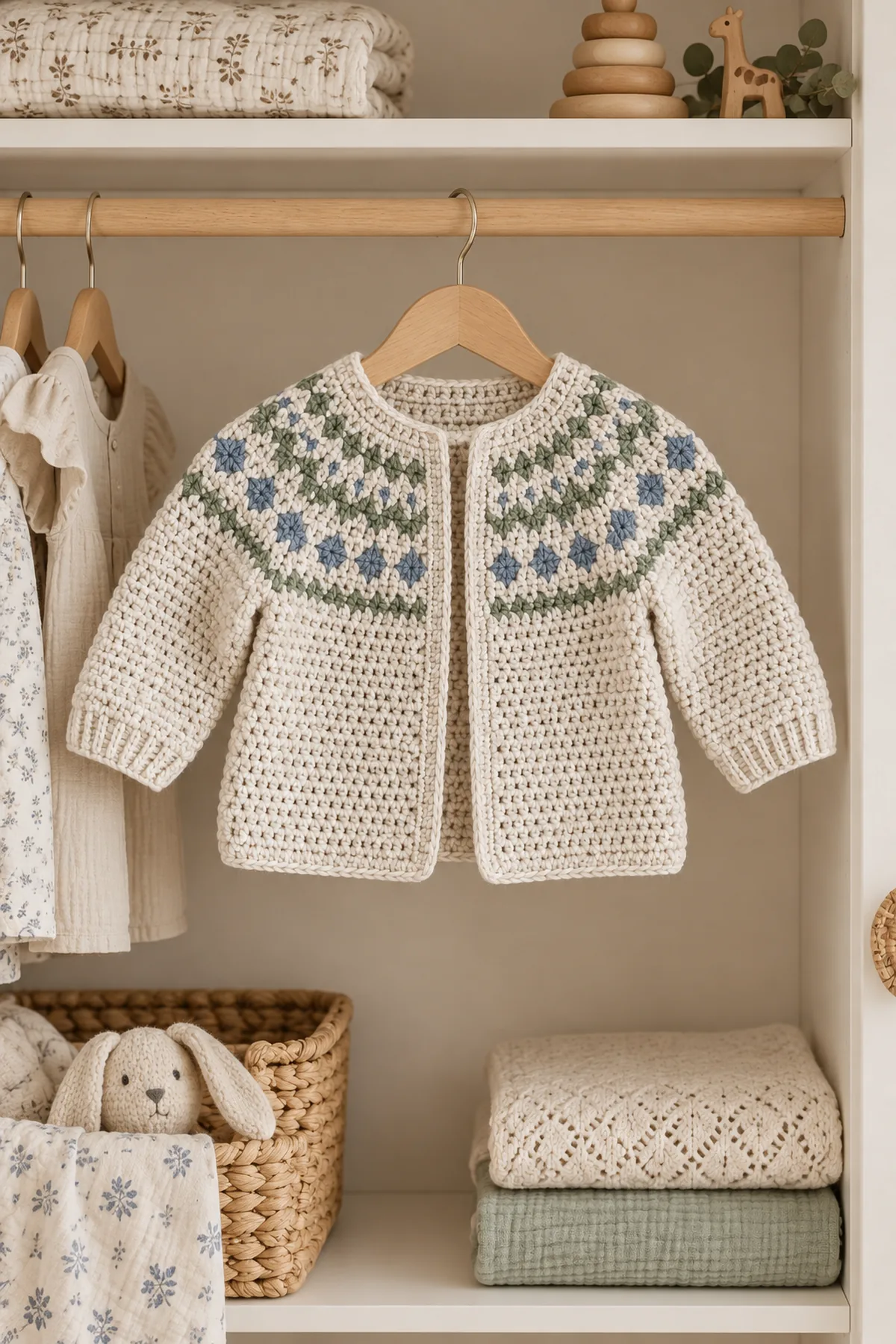 Finished crochet nordic yoke baby cardigan styled in a calm bright nursery setting without a baby present