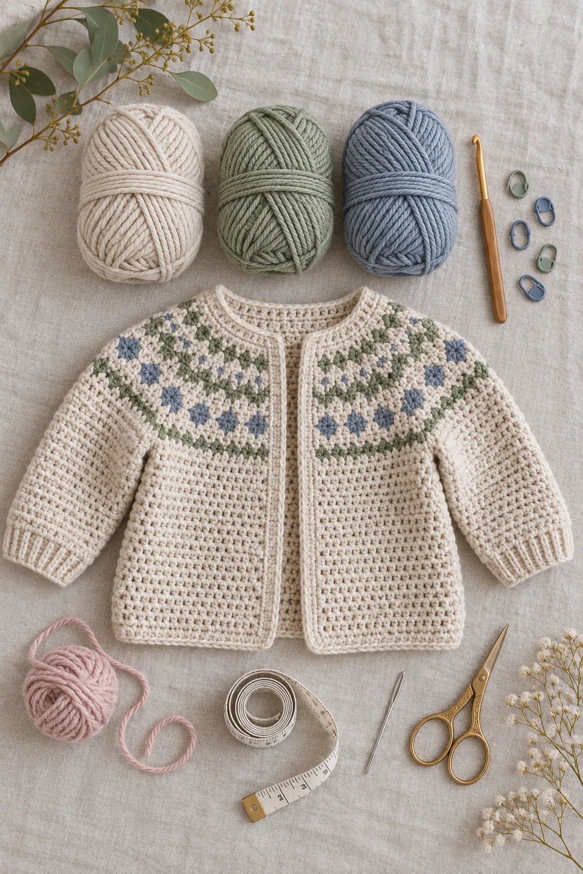 Baby-friendly yarn, crochet hook, stitch markers, tape measure, yarn needle, and scissors for crochet nordic yoke baby cardigan