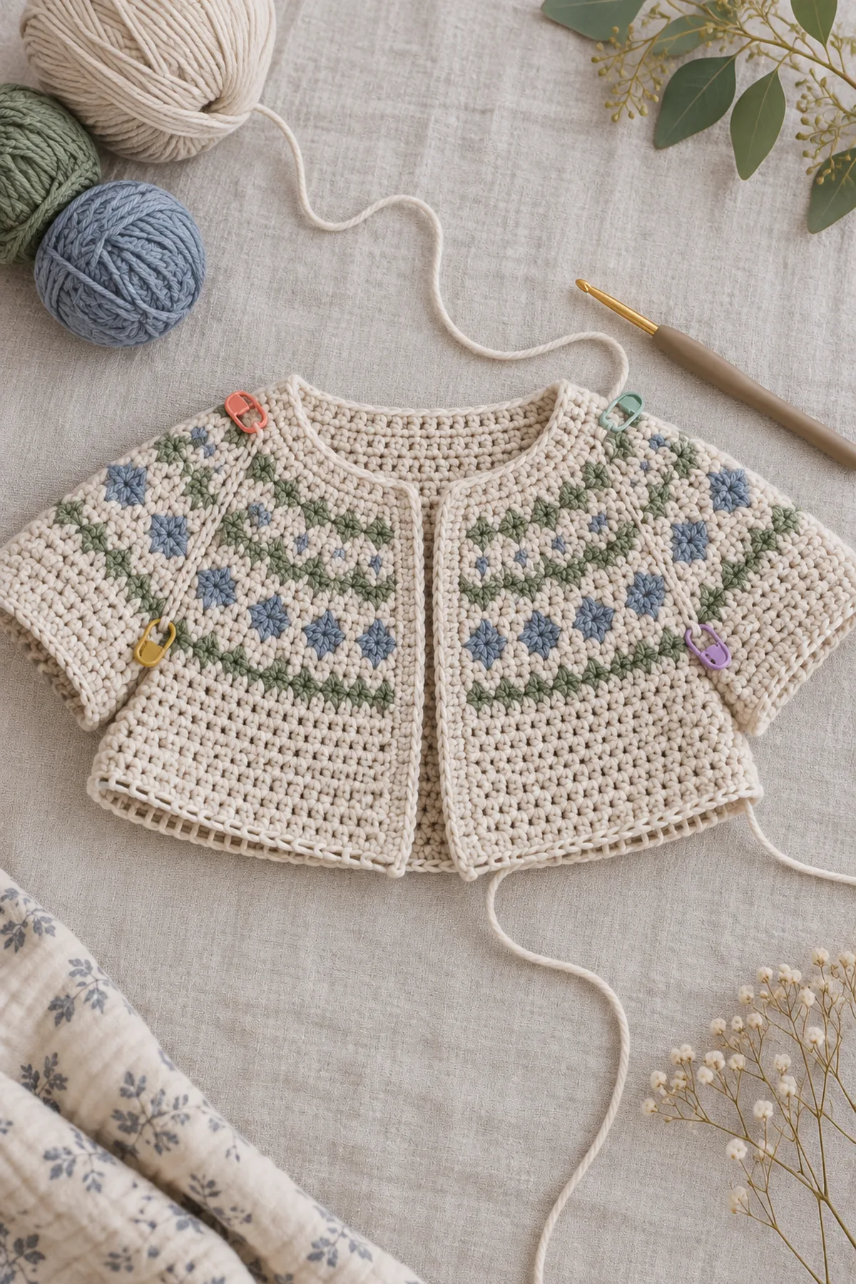 Early counted crochet stage of crochet nordic yoke baby cardigan with matching yarn and hook