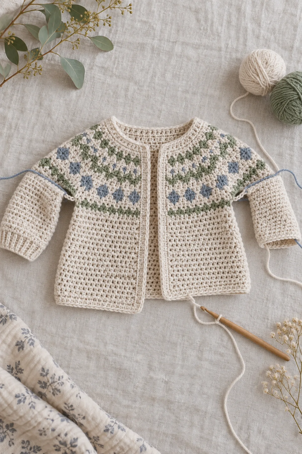 Mid-process construction of crochet nordic yoke baby cardigan showing the established shape