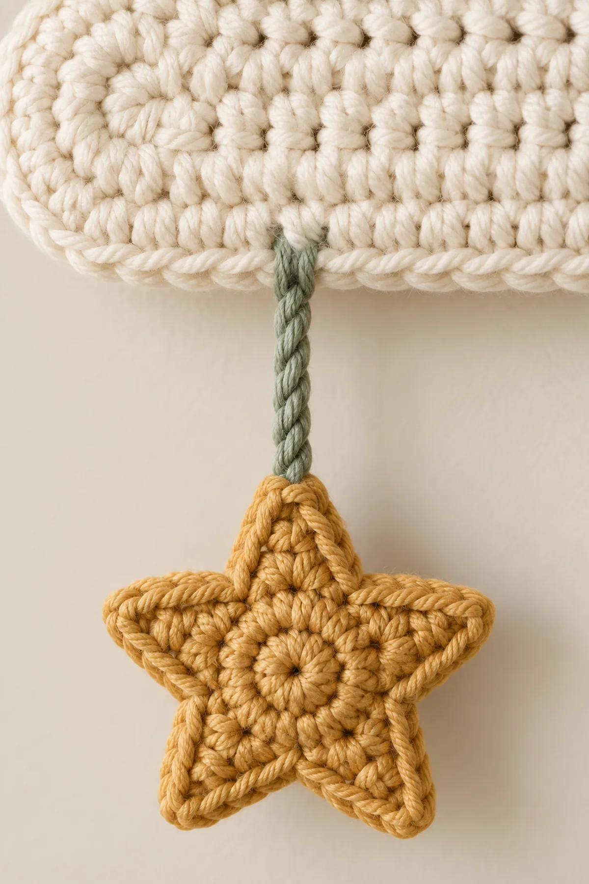 Close-up of secure sewn sage cord attachment to a gold crochet star and the straight lower edge of the cream cloud