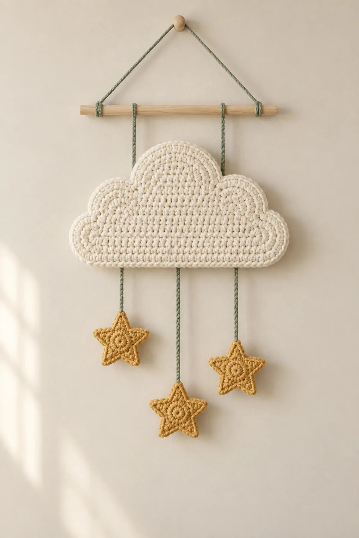 Finished crochet nursery wall hanging with one flat cream cloud, three muted-gold five-point stars on staggered sage cords, and a natural wood dowel