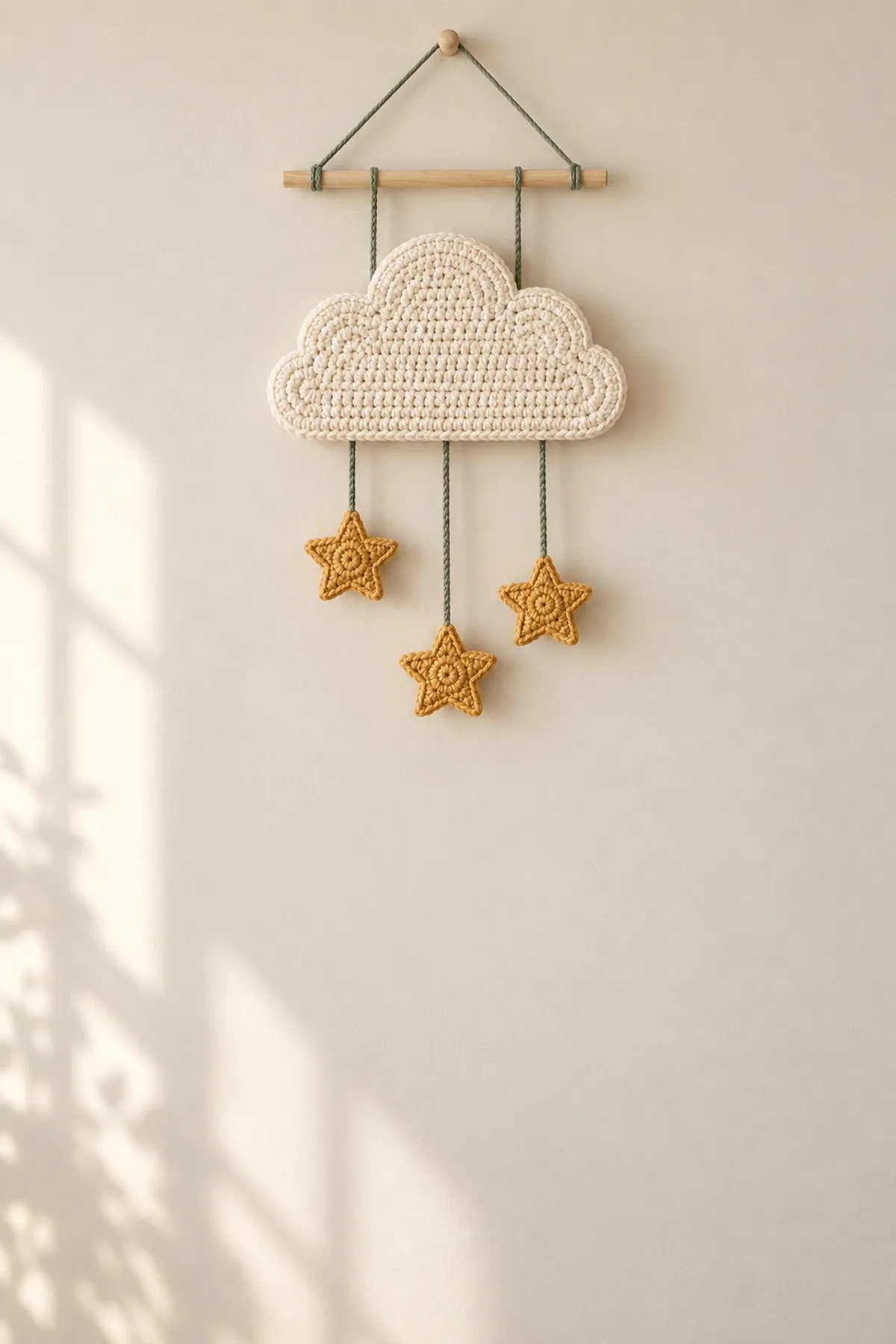 Completed cream cloud and three gold star crochet wall hanging securely displayed high on a warm neutral nursery wall away from furniture and without a baby