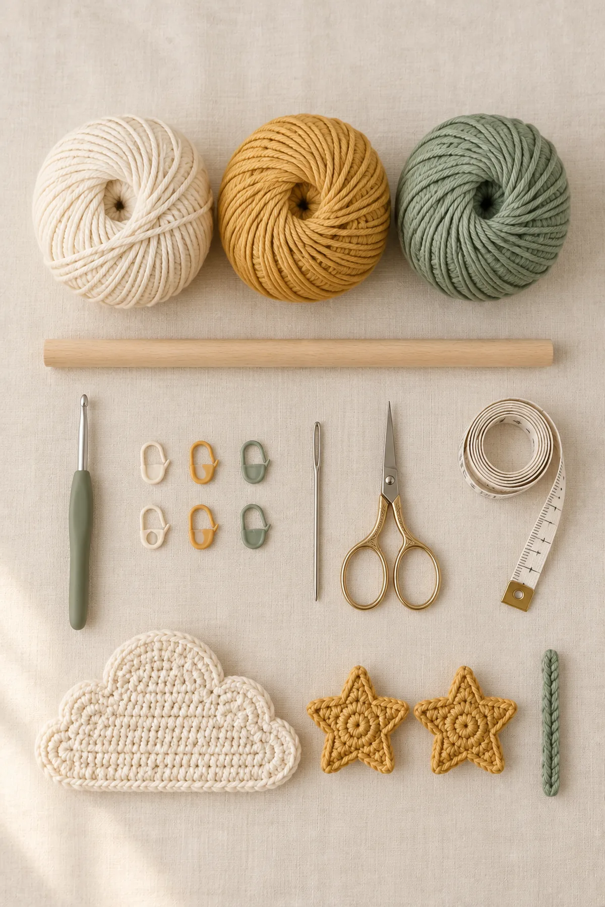 Cream, muted-gold, and sage DK cotton yarn, 3.5 mm hook, 12-inch wooden dowel, markers, tape measure, yarn needle, and scissors for a cloud and stars wall hanging