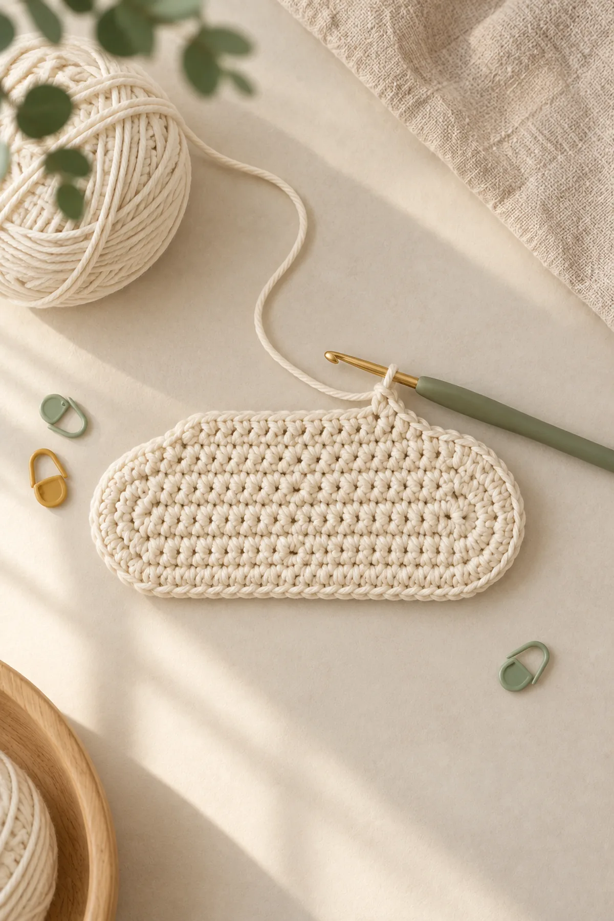 Flat cream crochet cloud panel shaped in counted rows before rounded lobe edging