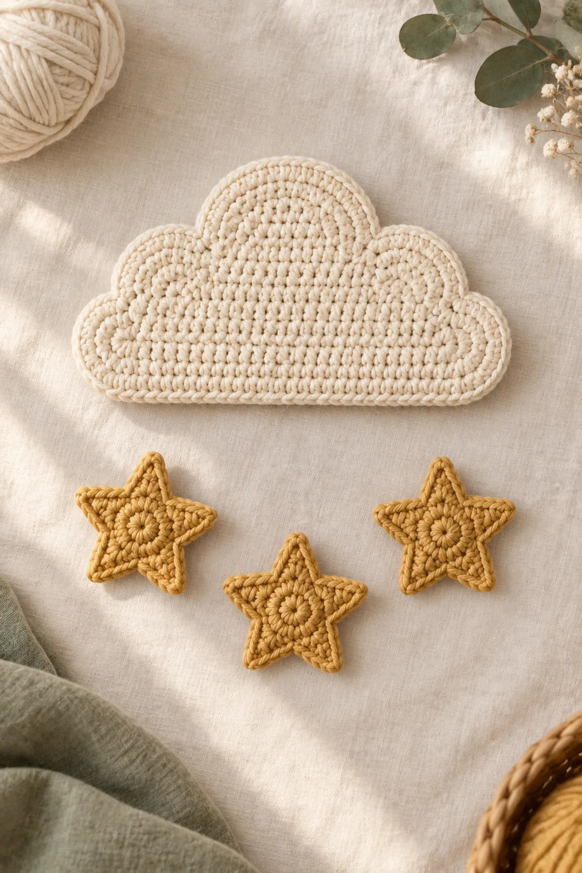 One edged cream crochet cloud and three separate matching gold five-point crochet stars before hanging assembly