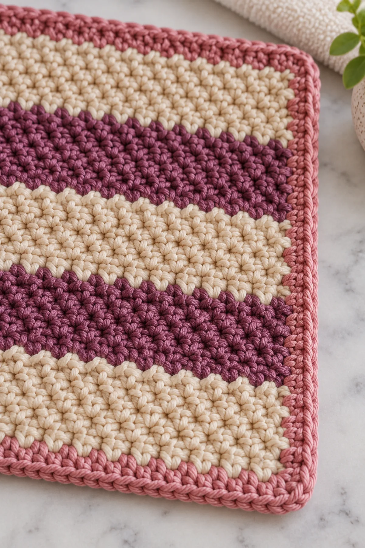 Close view of interlocking cotton seed stitch, tidy color change, woven tails, and dusty-rose corner