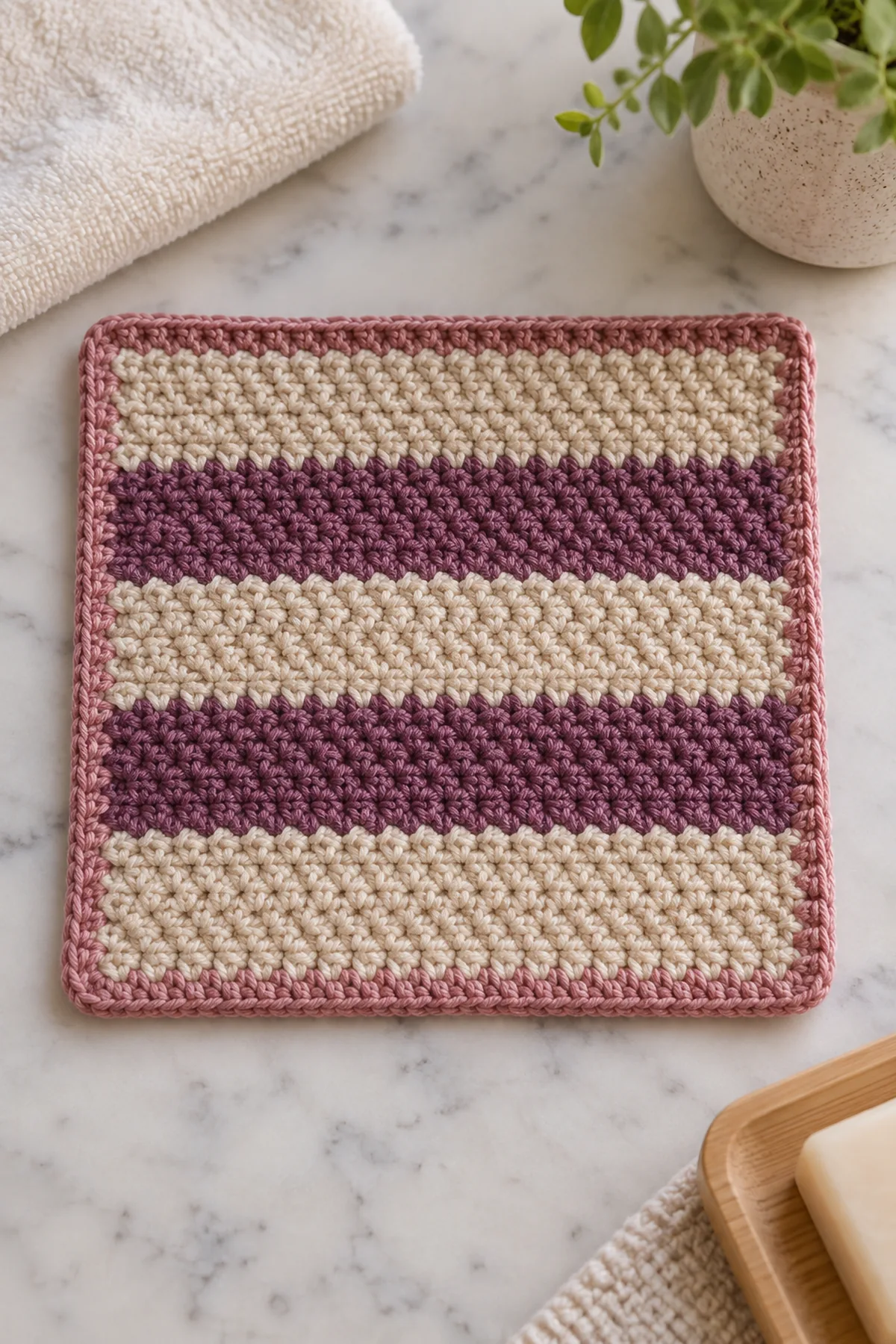 Finished square cotton baby bath cloth with oatmeal and berry-purple seed-stitch bands and dusty-rose border